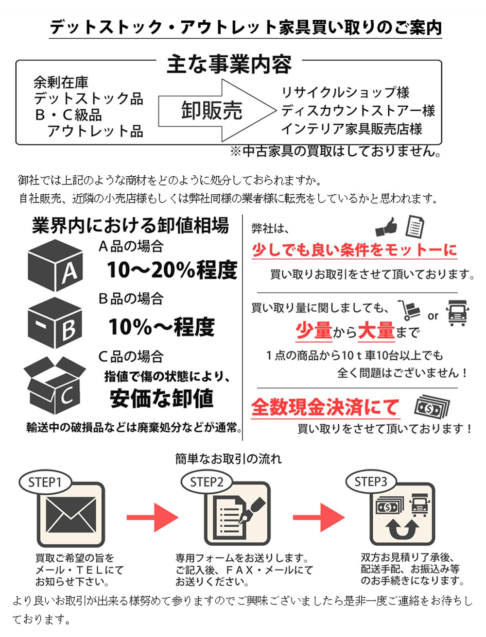 家具買取り,少量から大量まで